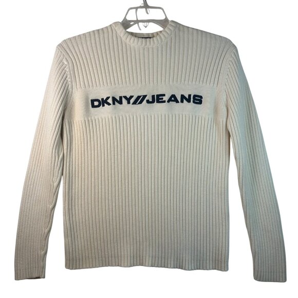 VTG DKNY Jeans Ribbed Knit Sweater L Off White 100% Cotton Japan Preppy Warm EUC - Picture 1 of 13